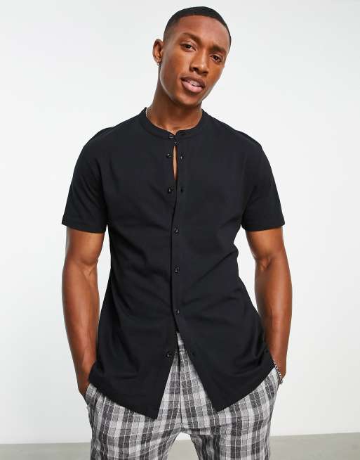 ASOS DESIGN - Camicia aderente in jersey nera con collo serafino