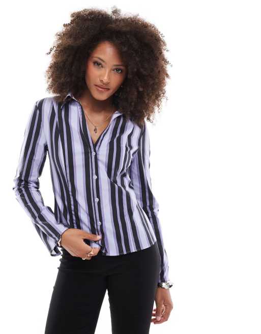 ASOS DESIGN - Camicia aderente in popeline blu a righe