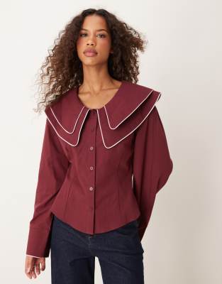 ASOS DESIGN - Camicia aderente in popeline color bordeaux con colletto doppio