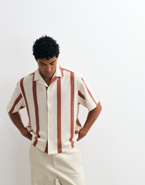 ASOS DESIGN - Camicia all'uncinetto oversize squadrata beige a righe con rever - view 1