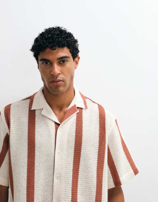 ASOS DESIGN - Camicia all'uncinetto oversize squadrata beige a righe con rever, 3 di 5