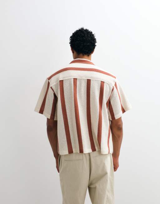 ASOS DESIGN - Camicia all'uncinetto oversize squadrata beige a righe con rever, 5 di 5