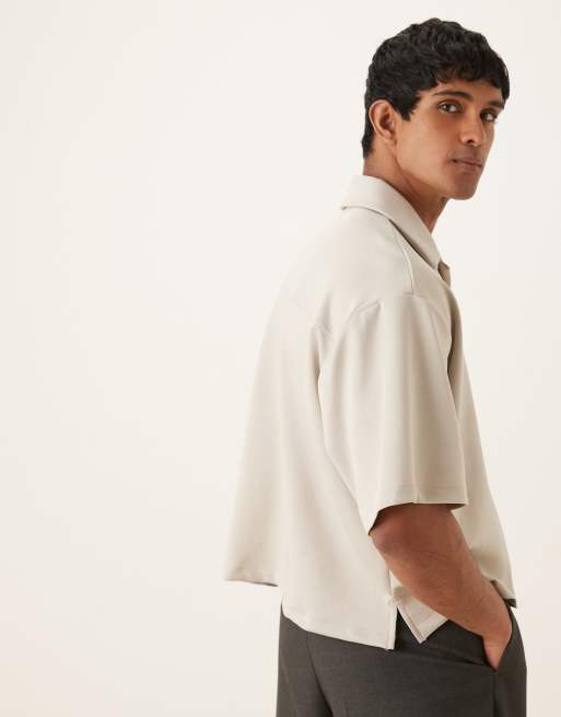 ASOS DESIGN - Camicia anni '90 squadrata oversize in tessuto effetto scuba beige in coordinato, 3 di 4