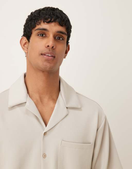 ASOS DESIGN - Camicia anni '90 squadrata oversize in tessuto effetto scuba beige in coordinato, 4 di 4