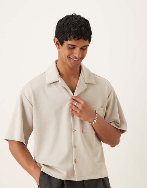 ASOS DESIGN - Camicia anni '90 squadrata oversize in tessuto scuba beige in coordinato