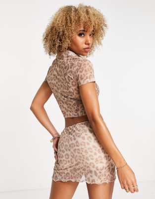 Camicia attillata corta a maniche corte in rete con stampa leopardata in coordinato-Multicolore - ASOS DESIGN Camicia donna  - immagine1
