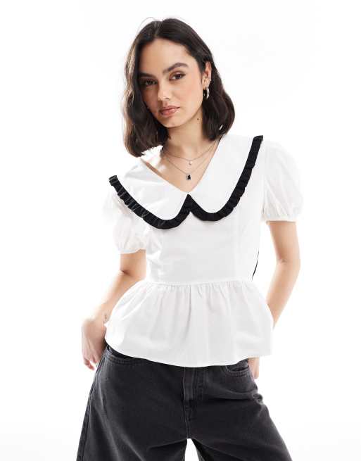 ASOS DESIGN - Camicia bianca e nera allacciata sul retro con colletto con volant