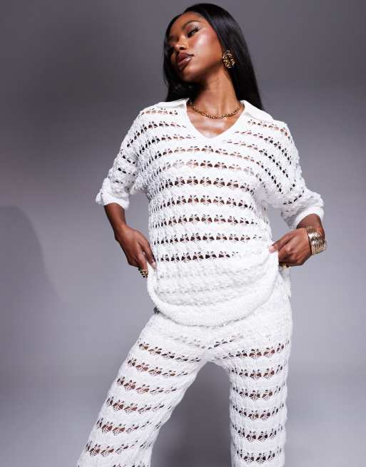 ASOS DESIGN - Camicia bianca in maglia con impunture decorative e colletto in coordinato