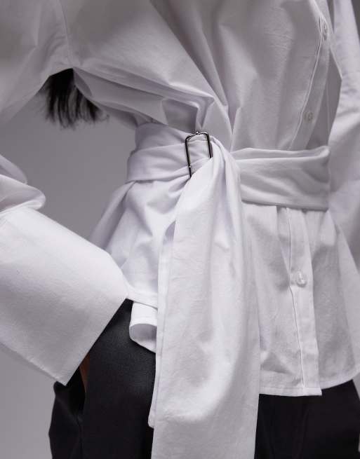 ASOS DESIGN - Camicia bianca in popeline stretta in vita con cintura, 3 di 4