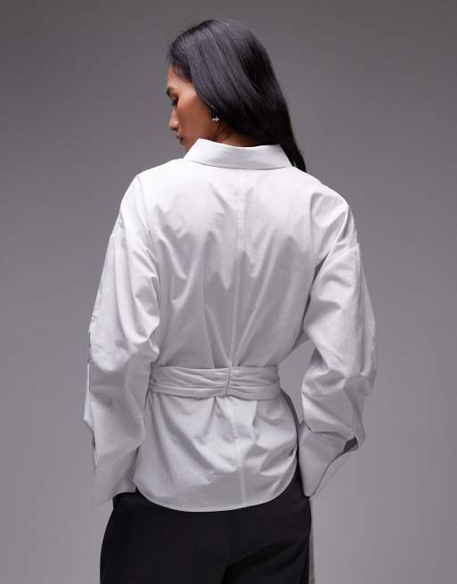 ASOS DESIGN - Camicia bianca in popeline stretta in vita con cintura, 4 di 4