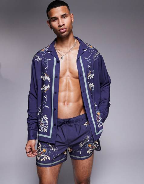 ASOS DESIGN - Camicia blu navy con ricamo sui bordi e rever in coordinato - view 1