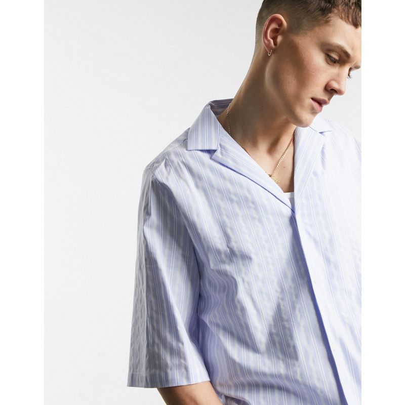 Uomo Camicie tinta unita DESIGN - Camicia blu rigato dalla vestibilità comoda con mezze maniche e ampio colletto a rever
