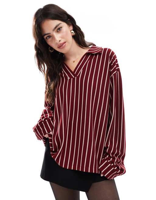 ASOS DESIGN - Camicia bordeaux a righe color crema stile rugby