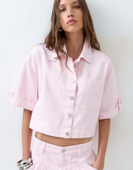 ASOS DESIGN - Coordinato in denim con pantaloncini e camicia squadrata rosa, 3 di 3