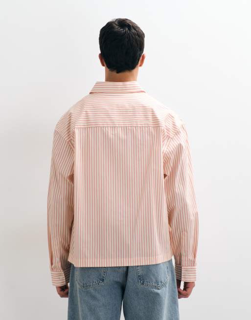 ASOS DESIGN camicia boxy oversize a righe con ricamo sul petto in bianco sporco e rosa, 4 di 5