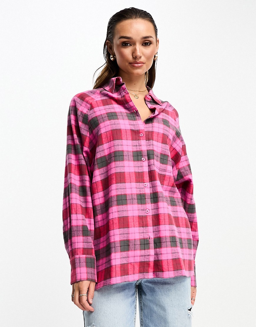 Camicia boyfriend spazzolata con tasca rosa e grigia a scacchi-Multicolore - ASOS DESIGN Camicia donna  - immagine1