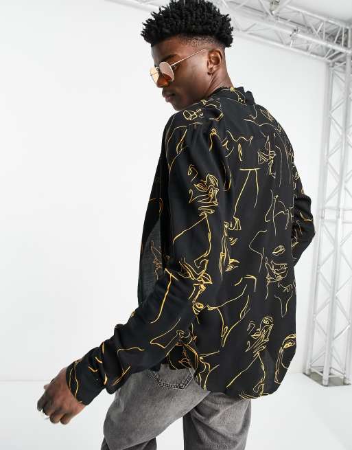 ASOS DESIGN - Camicia classica con stampa di silhouette in nero e oro