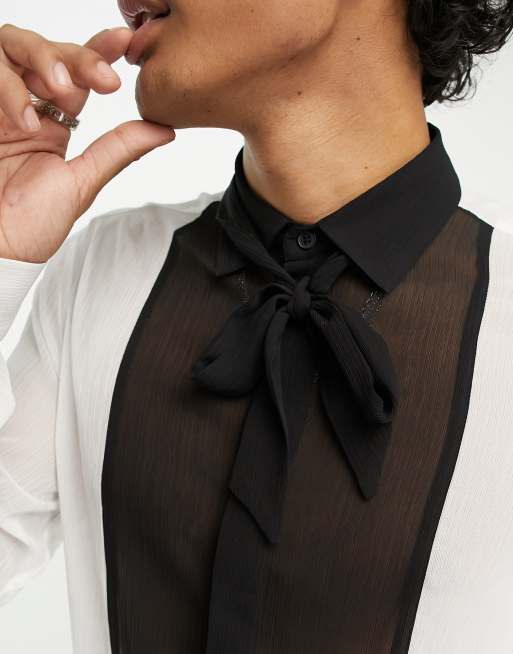 ASOS DESIGN - Camicia color block bianca in crêpe trasparente con laccetti al collo a contrasto, 3 di 4