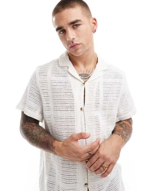 ASOS DESIGN - Camicia comoda a maniche corte all'uncinetto écru con rever