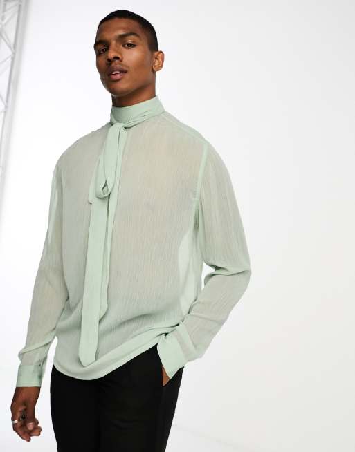 ASOS DESIGN - Camicia comoda a maniche lunghe verde salvia in crêpe trasparente accollata con fiocco
