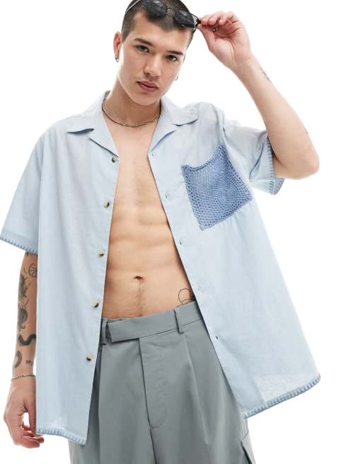 ASOS DESIGN - Camicia comoda azzurra con tasca in pizzo e rever