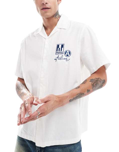 ASOS DESIGN - Camicia comoda bianca con ricamo sul petto e rever - view 1