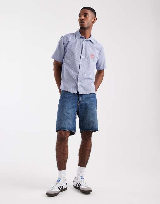 ASOS DESIGN - Camicia comoda blu a quadri con ricamo sul petto, 2 di 5