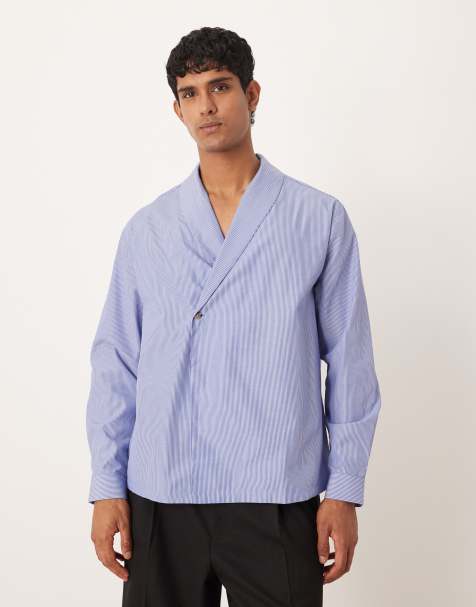 ASOS DESIGN - Camicia comoda blu a righe con colletto sciallato a portafoglio - view 1