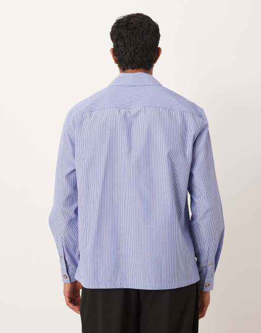 ASOS DESIGN - Camicia comoda blu a righe con colletto sciallato a portafoglio, 3 di 5