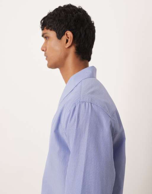 ASOS DESIGN - Camicia comoda blu a righe con colletto sciallato a portafoglio, 4 di 5