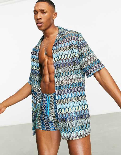 ASOS DESIGN - Camicia comoda blu all'uncinetto con colletto a rever in coordinato
