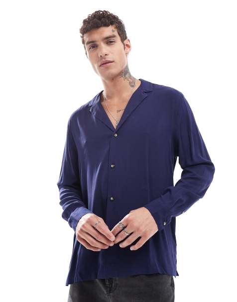 ASOS DESIGN - Camicia comoda blu navy in viscosa con rever pronunciato - view 1