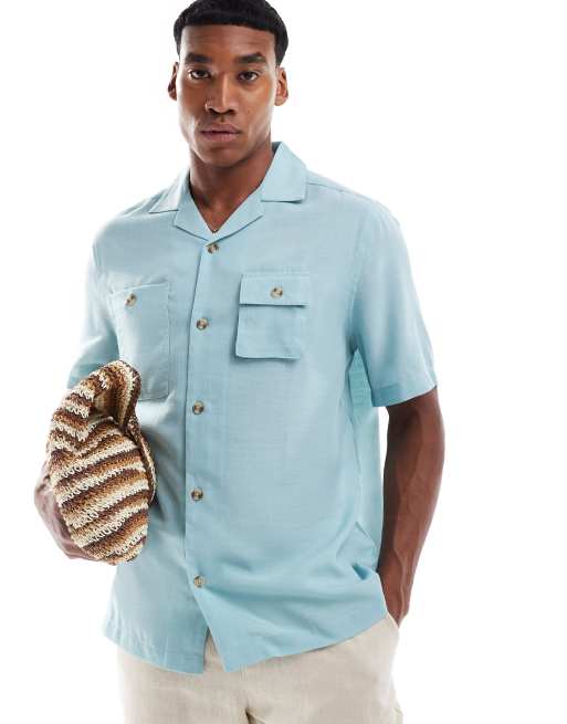 ASOS DESIGN - Camicia comoda blu polvere multitasche con rever 