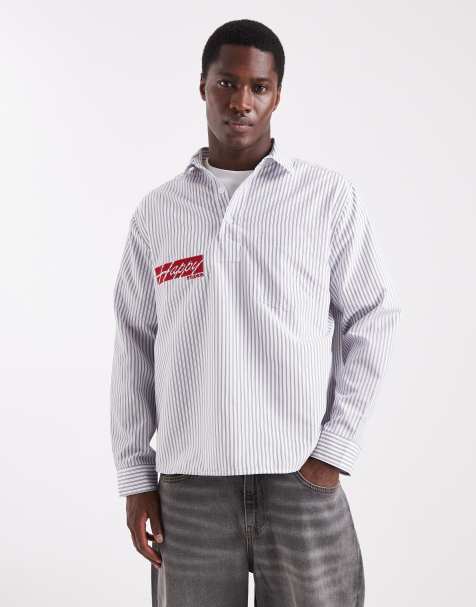 ASOS DESIGN - Camicia comoda bordeaux a righe con tasca e ricamo sul petto - view 1