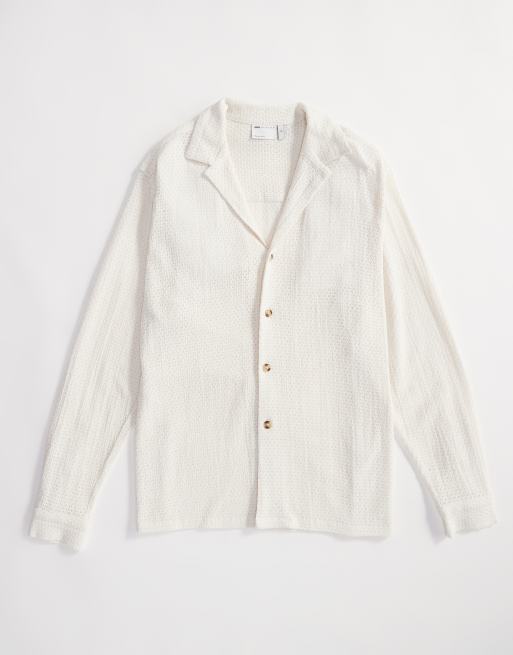 ASOS DESIGN - Camicia comoda color crema con intreccio a cesto e rever, 2 di 4