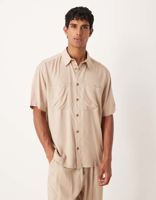 ASOS DESIGN - Camicia comoda color pietra in coordinato