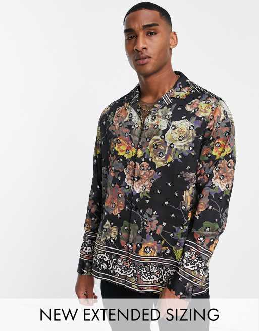 ASOS DESIGN - Camicia comoda con colletto a rever in raso e stampa floreale stile bandana