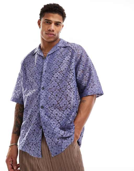 ASOS DESIGN - Camicia comoda con maniche raglan corte blu in pizzo con rever