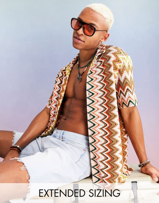 ASOS DESIGN - Camicia comoda con rever a righe neutre all'uncinetto
