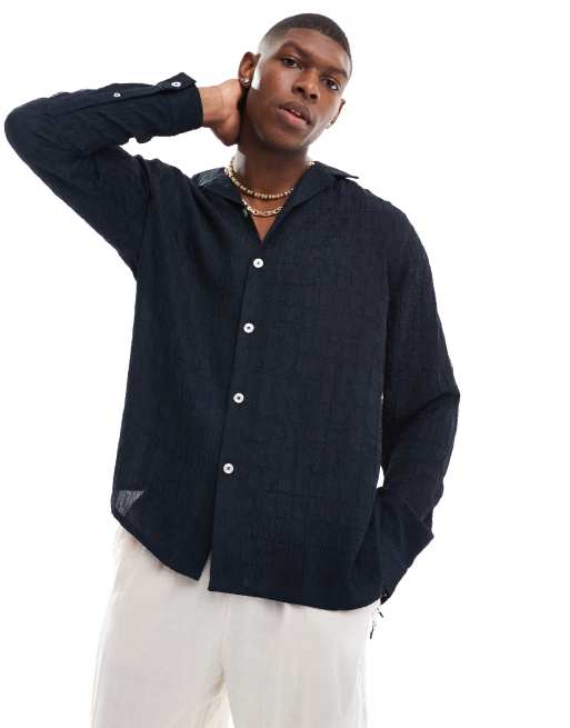 ASOS DESIGN - Camicia comoda con rever blu navy seersucker