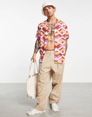 Camicia comoda con rever e stampa anni'70 geometrica a spina di pesce-Multicolore - ASOS DESIGN Camicia donna  - immagine3