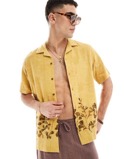 ASOS DESIGN - Camicia comoda con rever gialla con stampa floreale jacquard 