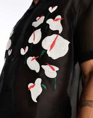Camicia comoda con rever in organza con orchidee ricamate-Black - ASOS DESIGN Camicia donna  - immagine3