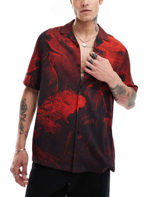 ASOS DESIGN - Camicia comoda con rever rossa con stampa halloween 