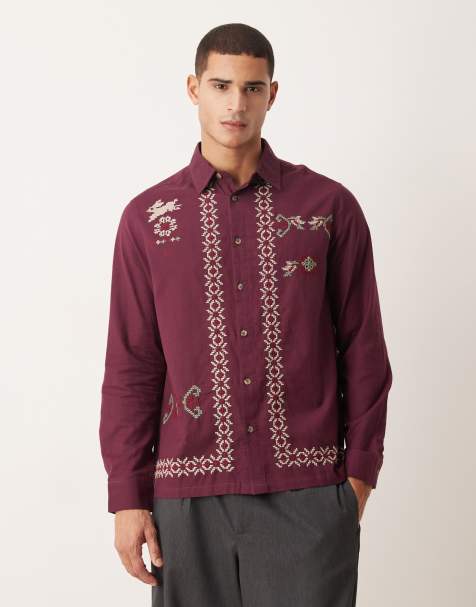 ASOS DESIGN - Camicia comoda con ricamo punto croce bordeaux - view 1
