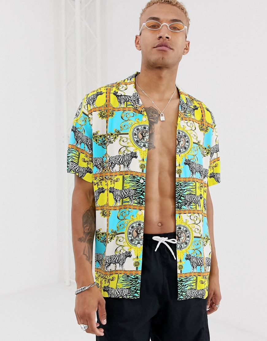 ASOS DESIGN - Camicia comoda con stampa barocca con leopardi-Giallo