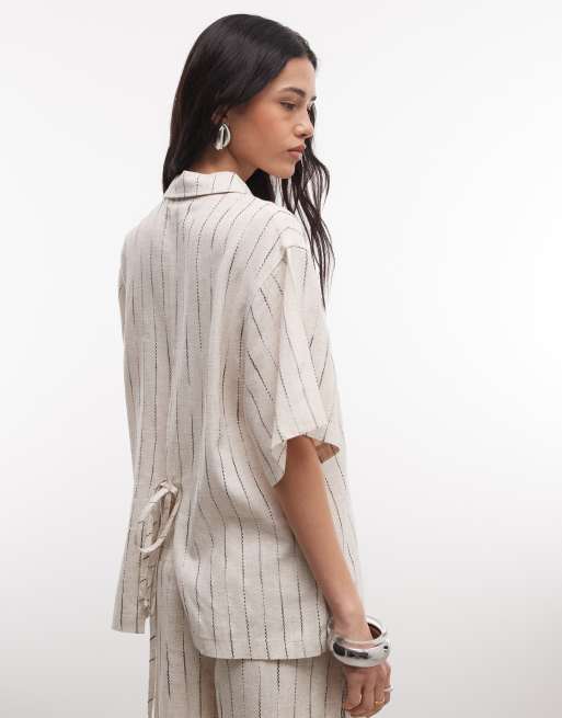 ASOS DESIGN - Camicia comoda effetto lino a righe naturali in coordinato, 3 di 4