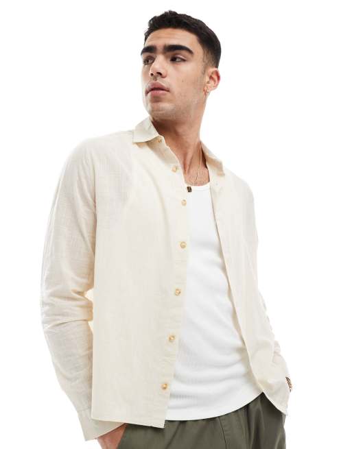ASOS DESIGN - Camicia comoda effetto lino color pietra con colletto button-down