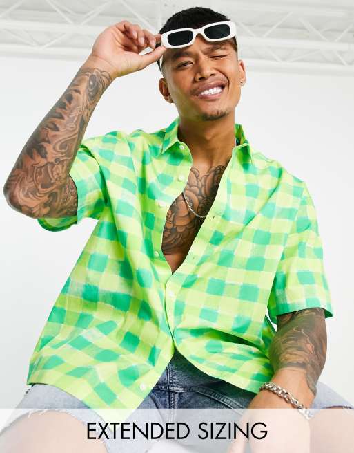 Camicia comoda gialla e verde lime con stampa a quadri Asos Uomo Abbigliamento Camicie Camicie a maniche corte 