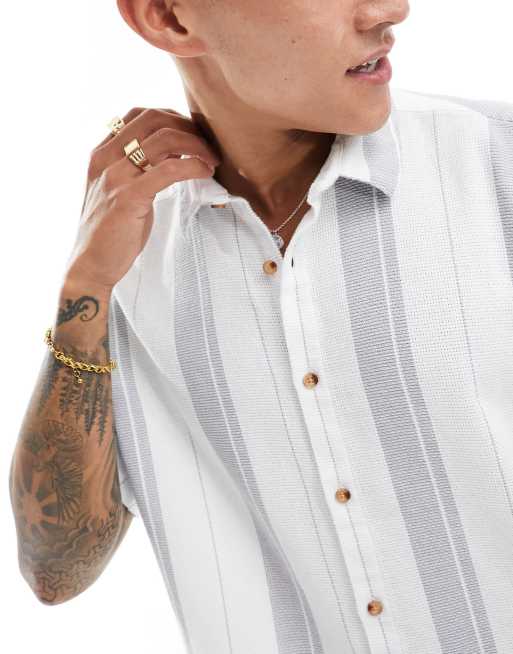 ASOS DESIGN - Camicia comoda grigia a righe con trama a cesto, 4 di 4